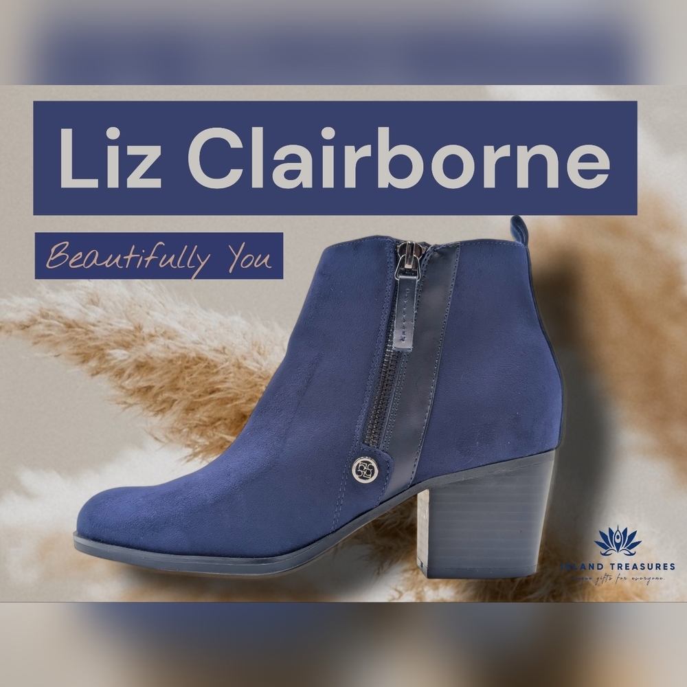 Liz Clairborne Salem Sz 7.5M Ankle Boot Blue Textile Upper Block Heel Silver Zip